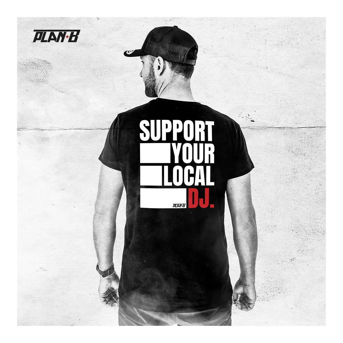camiseta negra dj planb support your local dj